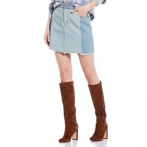 Chelsea and Violet Colorblock Patchwork Jean Skirt Blue Denim Raw Hem Size 31